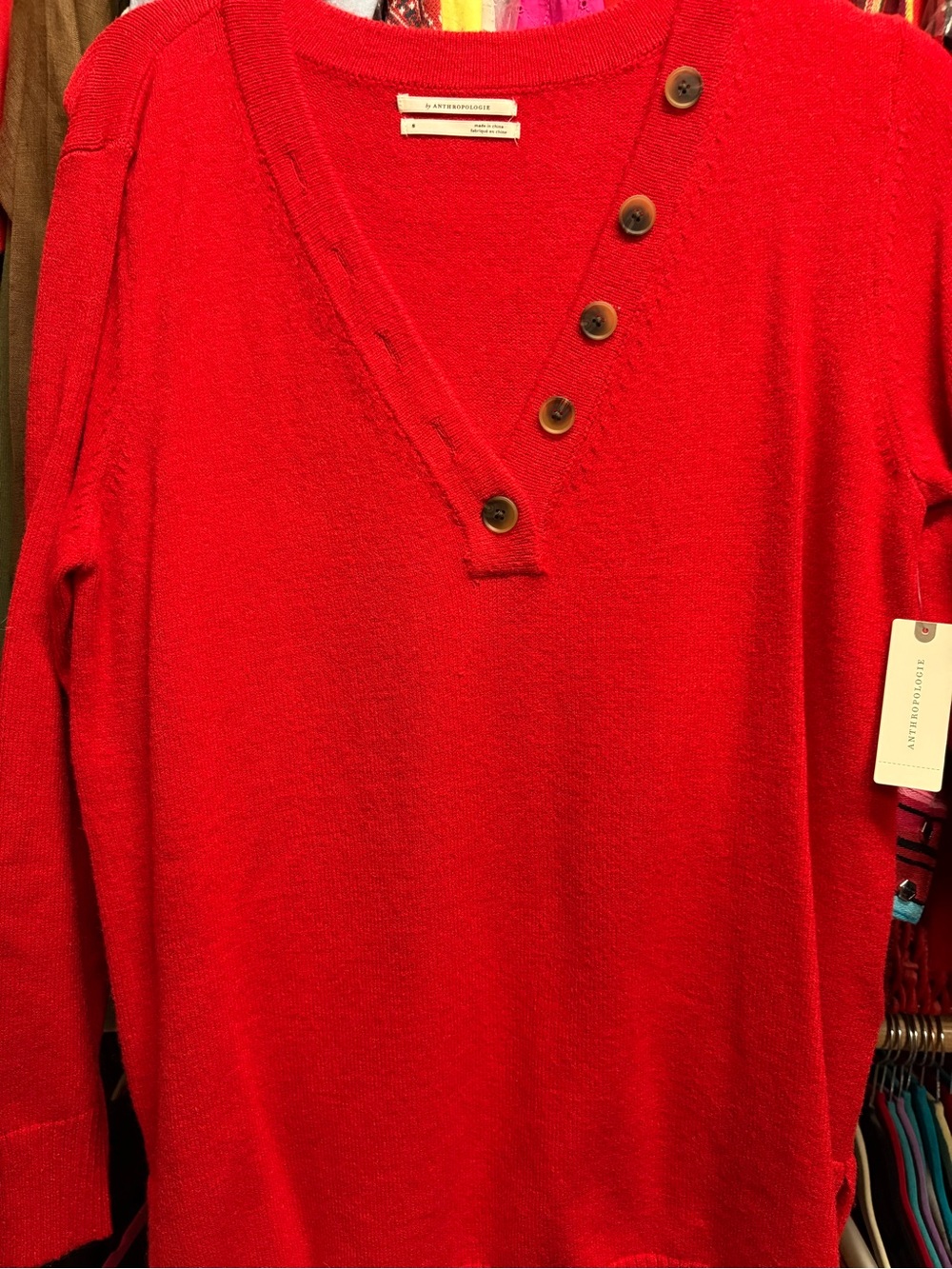Anthropologie Bright Red V-Neck Henley Sweater with Button Placket - Men's